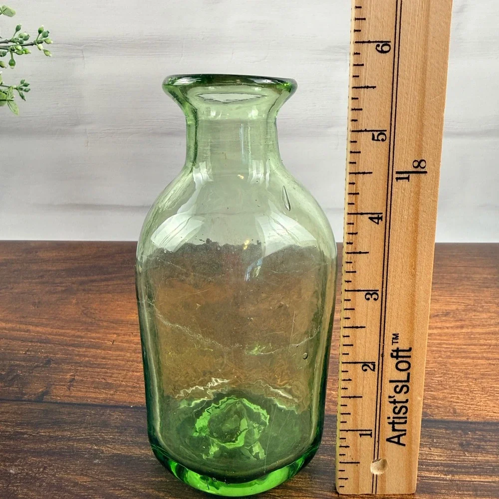 Hand Blown Green Glass Bud Vase Bottle Olive Green Artisan Vase